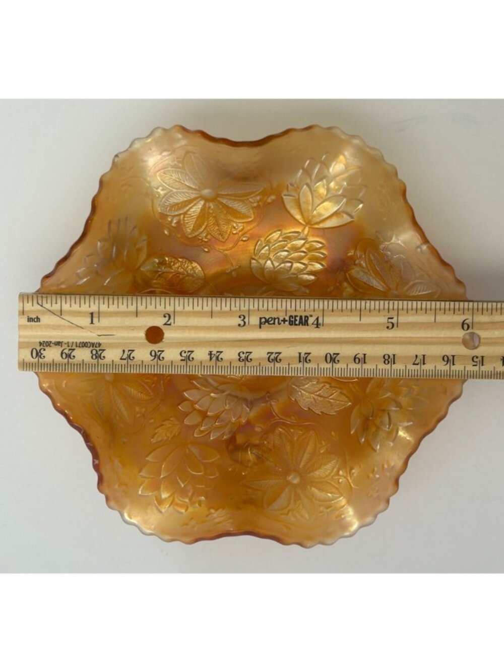 Fenton Carnival Glass Footed Dish Floral Marigold Iridescent Scalloped Edges - Picture 7 of 10